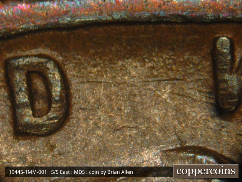 Die-stage B marker on 1944S•1MM•001 (1944 Repunched Mint Mark).