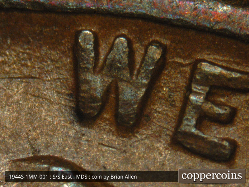 Die-stage B marker on 1944S•1MM•001 (1944 Repunched Mint Mark).