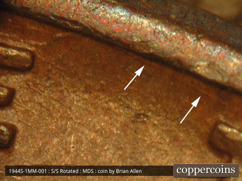 Die-stage B marker on 1944S•1MM•001 (1944 Repunched Mint Mark).