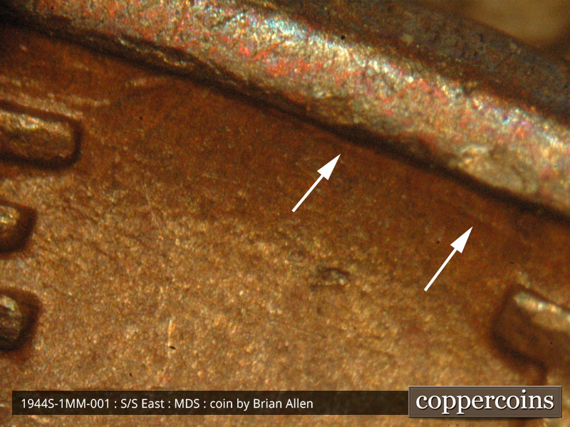 Die-stage B marker on 1944S•1MM•001 (1944 Repunched Mint Mark).