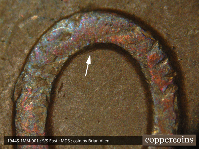 Die-stage B marker on 1944S•1MM•001 (1944 Repunched Mint Mark).