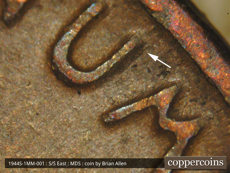 Die-stage B marker on 1944S•1MM•001 (1944 Repunched Mint Mark).