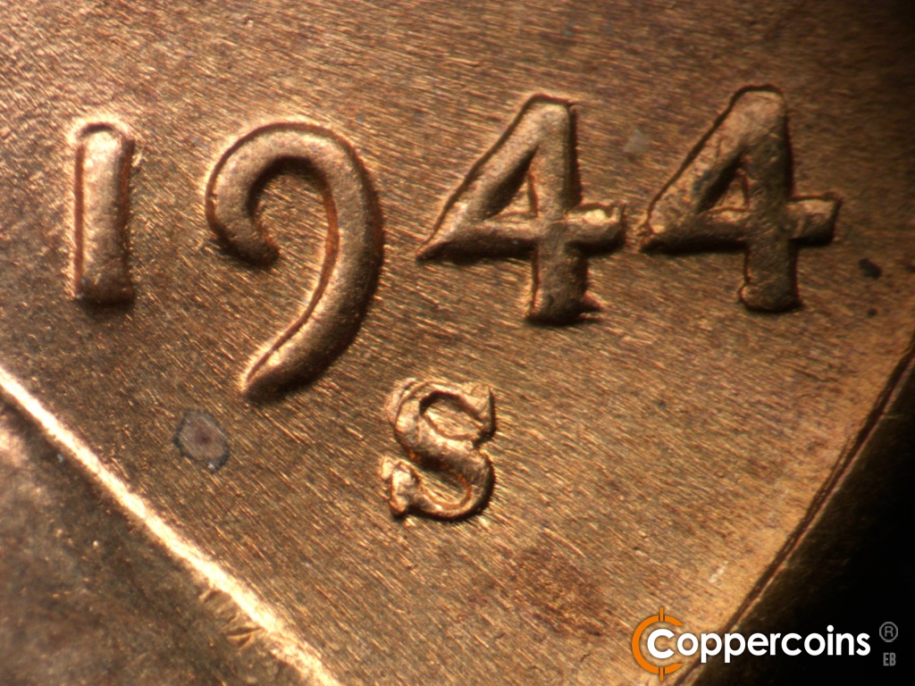 Die-stage C marker on 1944S•1MM•004 showing Closeup of repunched mint mark.