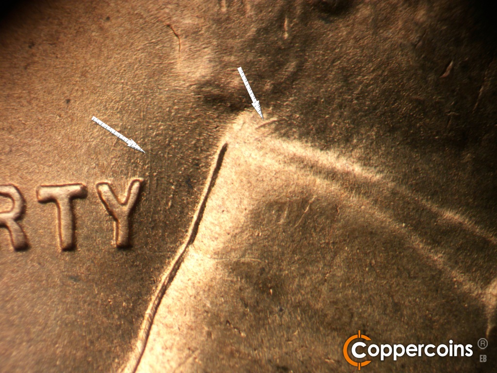 Die-stage C marker on 1944S•1MM•004 showing N/S die scratches near Y in LIBERTY. Die gouge on back of neck.
