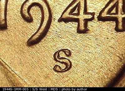 1944 Lincoln cent obverse, CopperCoins die 1944S•1MM•005.