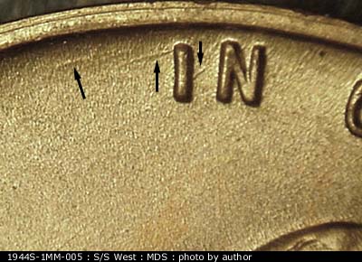 Die-stage B marker on 1944S•1MM•005 (1944 Repunched Mint Mark).
