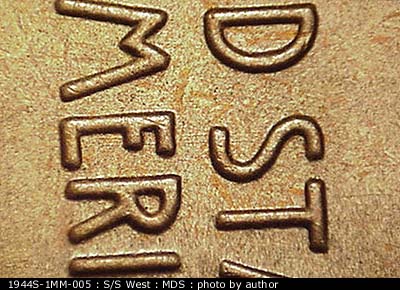 Die-stage B marker on 1944S•1MM•005 (1944 Repunched Mint Mark).