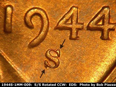 Die-stage A marker on 1944S•1MM•009 (1944 Repunched Mint Mark).