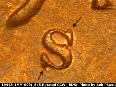 Die-stage A marker on 1944S•1MM•009 (1944 Repunched Mint Mark).