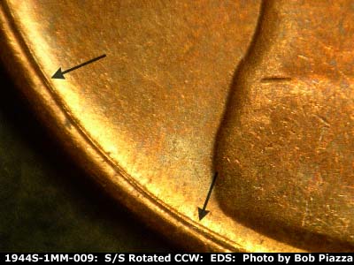 Die-stage A marker on 1944S•1MM•009 (1944 Repunched Mint Mark).