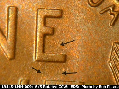Die-stage A marker on 1944S•1MM•009 (1944 Repunched Mint Mark).