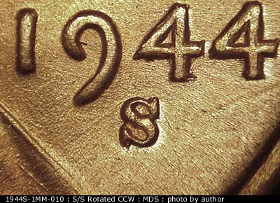 1944 Lincoln cent obverse, CopperCoins die 1944S•1MM•010.