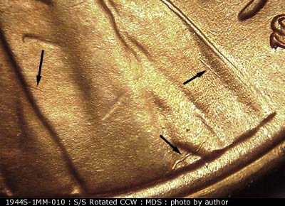 Die-stage B marker on 1944S•1MM•010 (1944 Repunched Mint Mark).