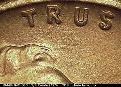 Die-stage B marker on 1944S•1MM•010 (1944 Repunched Mint Mark).
