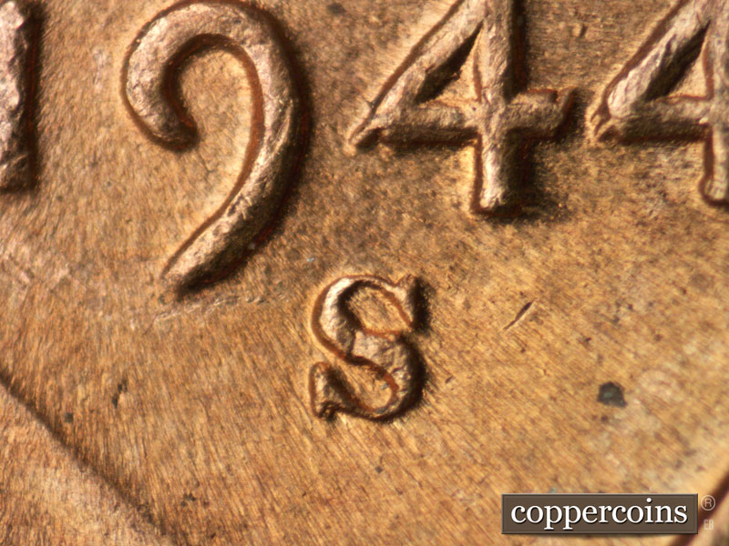 1944 Lincoln cent obverse, CopperCoins die 1944S•1MM•011.