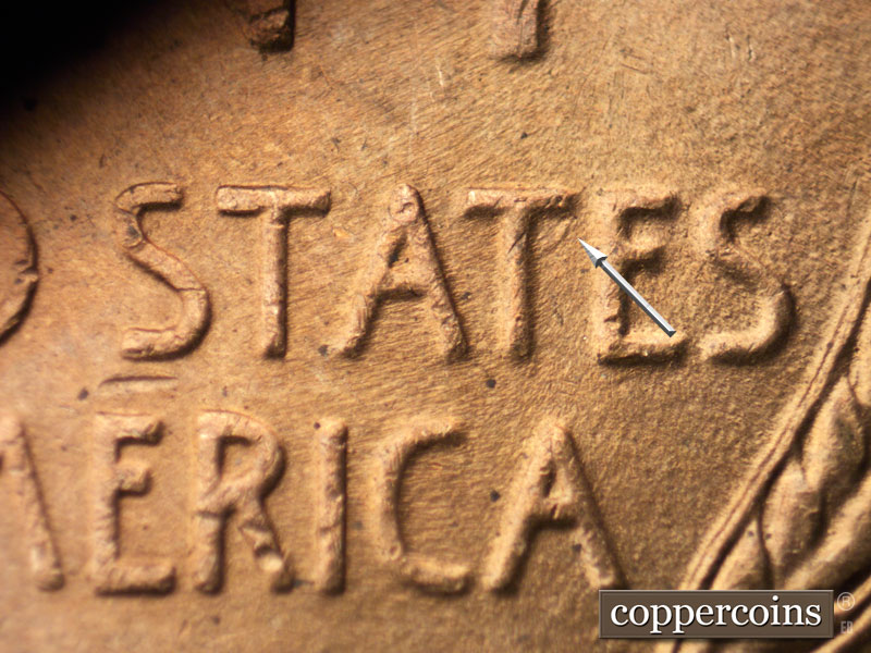 Die-stage B marker on 1944S•1MM•011 (1944 Repunched Mint Mark).
