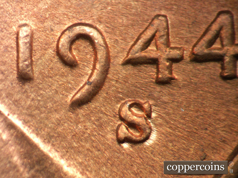 1944 Lincoln cent obverse, CopperCoins die 1944S•1MM•013.