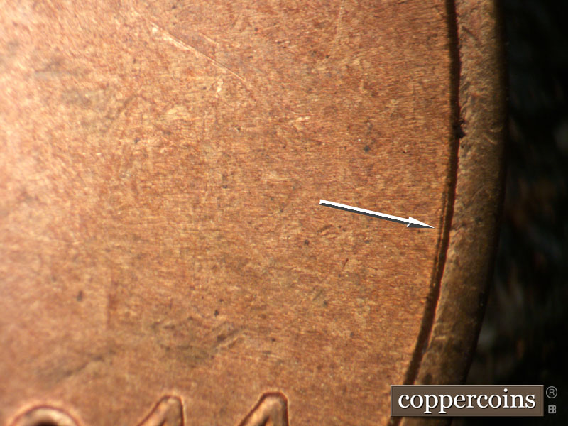 Die-stage B marker on 1944S•1MM•013 (1944 Repunched Mint Mark).