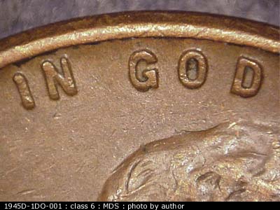 Die-stage B marker on 1945D•1DO•001 (1945 Doubled Die Obverse).