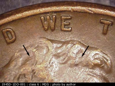 Die-stage B marker on 1945D•1DO•001 (1945 Doubled Die Obverse).