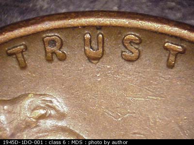 Die-stage B marker on 1945D•1DO•001 (1945 Doubled Die Obverse).