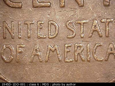 Die-stage B marker on 1945D•1DO•001 (1945 Doubled Die Obverse).