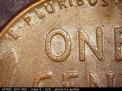 Die-stage C marker on 1945D•1DO•002 (1945 Doubled Die Obverse).