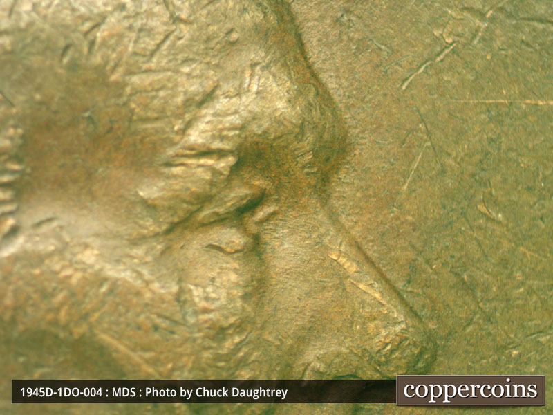1945 Lincoln cent obverse, CopperCoins die 1945D•1DO•004.