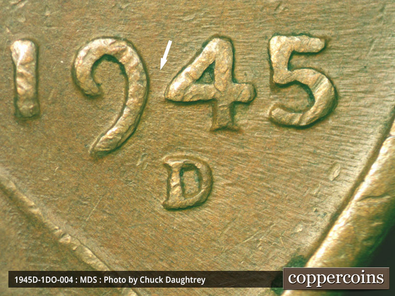 Die-stage B marker on 1945D•1DO•004 (1945 Doubled Die Obverse).