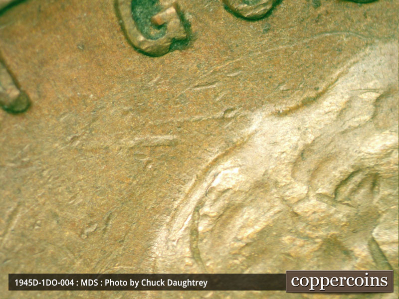 Die-stage B marker on 1945D•1DO•004 (1945 Doubled Die Obverse).