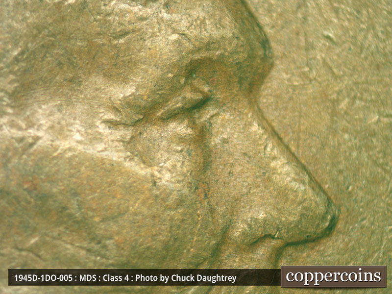 1945 Lincoln cent obverse, CopperCoins die 1945D•1DO•005.