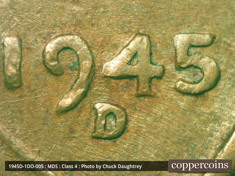 Die-stage B marker on 1945D•1DO•005 (1945 Doubled Die Obverse).