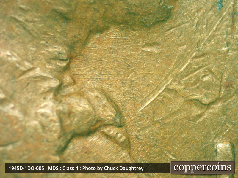 Die-stage B marker on 1945D•1DO•005 (1945 Doubled Die Obverse).