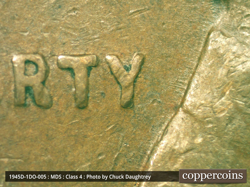 Die-stage B marker on 1945D•1DO•005 (1945 Doubled Die Obverse).