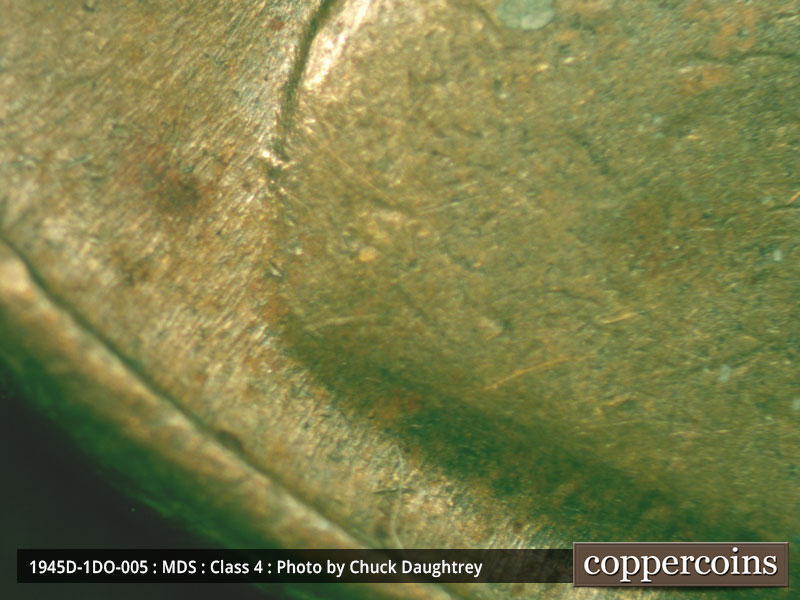 Die-stage B marker on 1945D•1DO•005 (1945 Doubled Die Obverse).