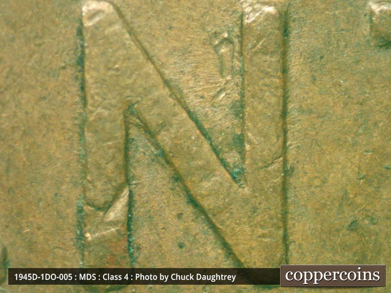 Die-stage B marker on 1945D•1DO•005 (1945 Doubled Die Obverse).