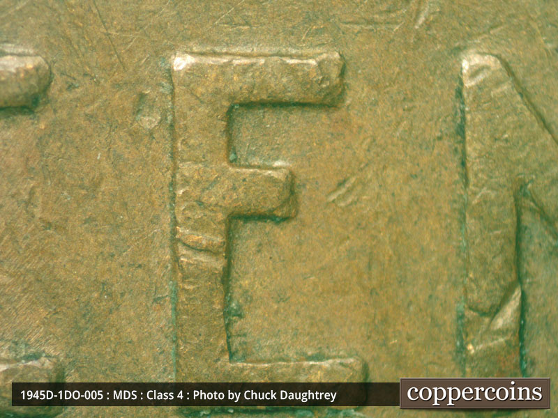Die-stage B marker on 1945D•1DO•005 (1945 Doubled Die Obverse).
