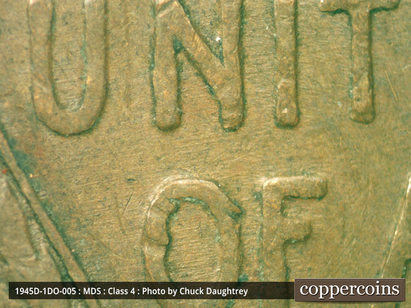 Die-stage B marker on 1945D•1DO•005 (1945 Doubled Die Obverse).