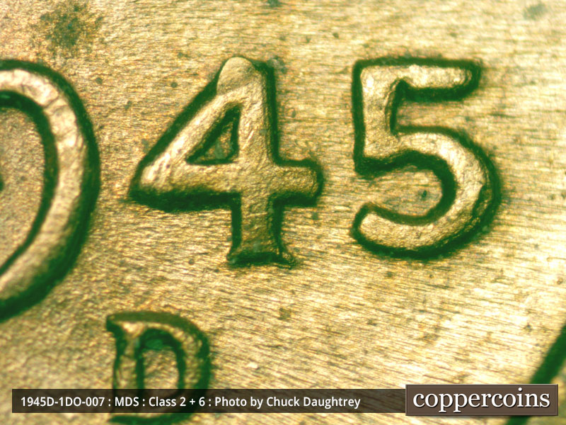 1945 Lincoln cent obverse, CopperCoins die 1945D•1DO•007.