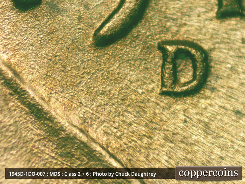 Die-stage B marker on 1945D•1DO•007 (1945 Doubled Die Obverse).