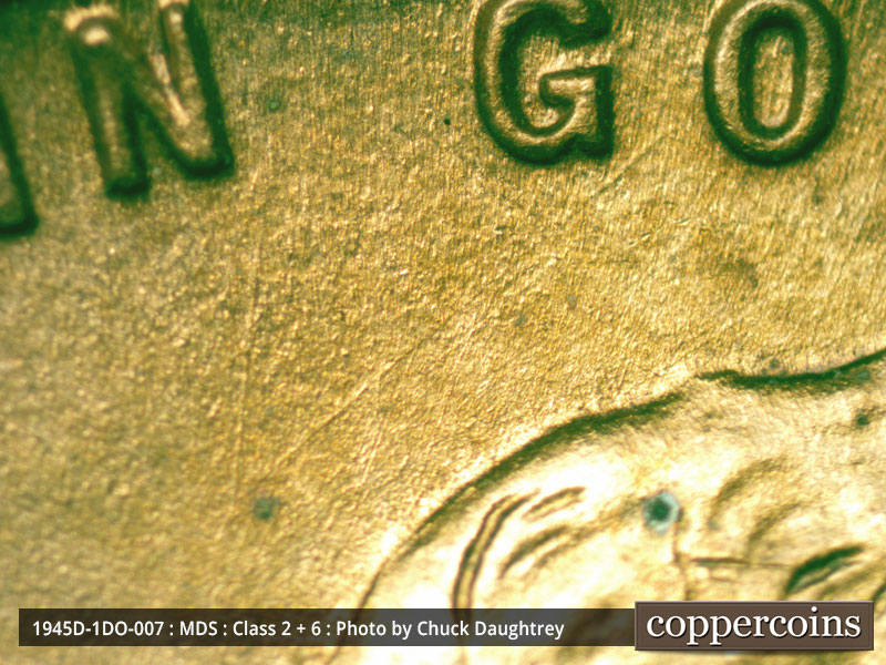Die-stage B marker on 1945D•1DO•007 (1945 Doubled Die Obverse).