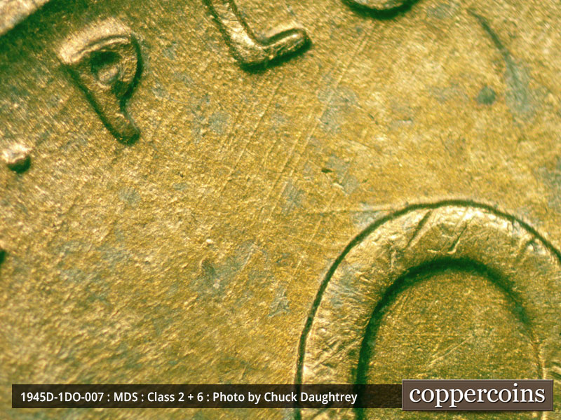Die-stage B marker on 1945D•1DO•007 (1945 Doubled Die Obverse).