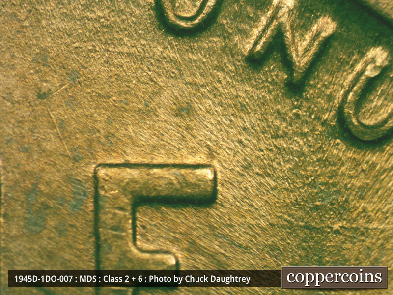 Die-stage B marker on 1945D•1DO•007 (1945 Doubled Die Obverse).