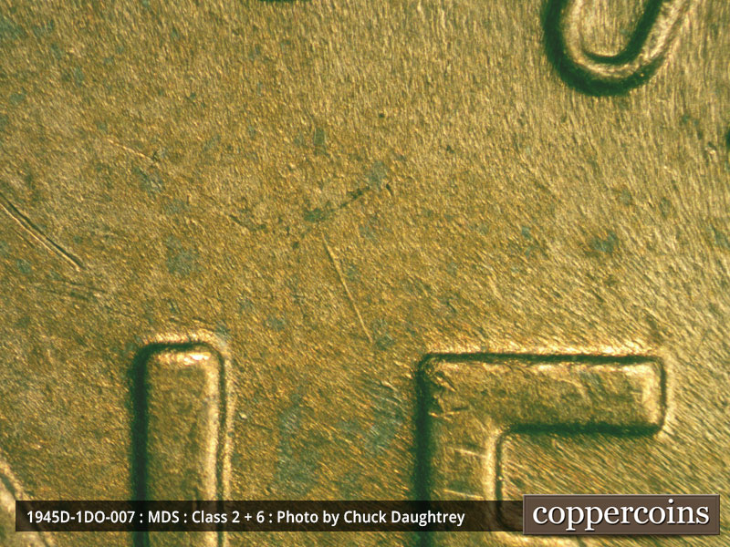 Die-stage B marker on 1945D•1DO•007 (1945 Doubled Die Obverse).