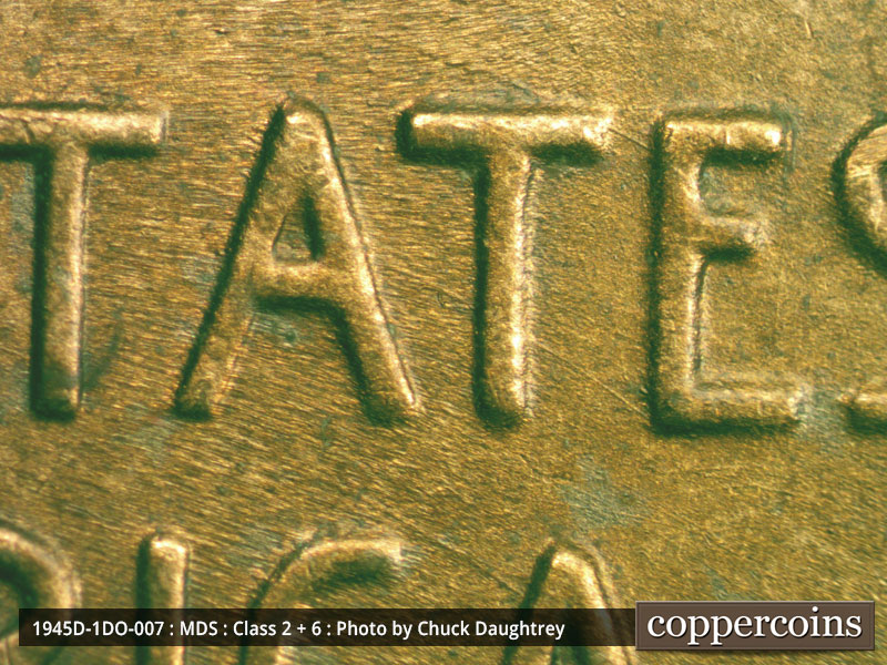 Die-stage B marker on 1945D•1DO•007 (1945 Doubled Die Obverse).