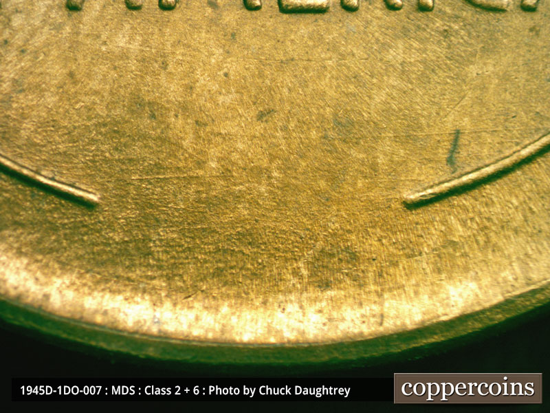 Die-stage B marker on 1945D•1DO•007 (1945 Doubled Die Obverse).