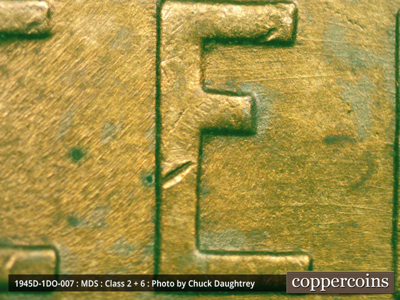 Die-stage B marker on 1945D•1DO•007 (1945 Doubled Die Obverse).