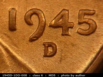 1945 Lincoln cent obverse, CopperCoins die 1945D•1DO•008.