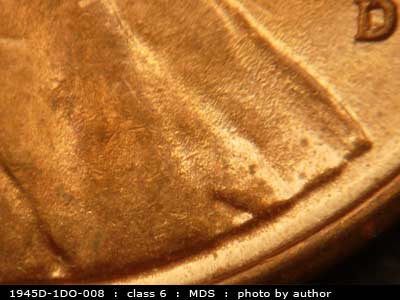 Die-stage B marker on 1945D•1DO•008 (1945 Doubled Die Obverse).
