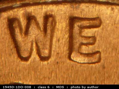 Die-stage B marker on 1945D•1DO•008 (1945 Doubled Die Obverse).